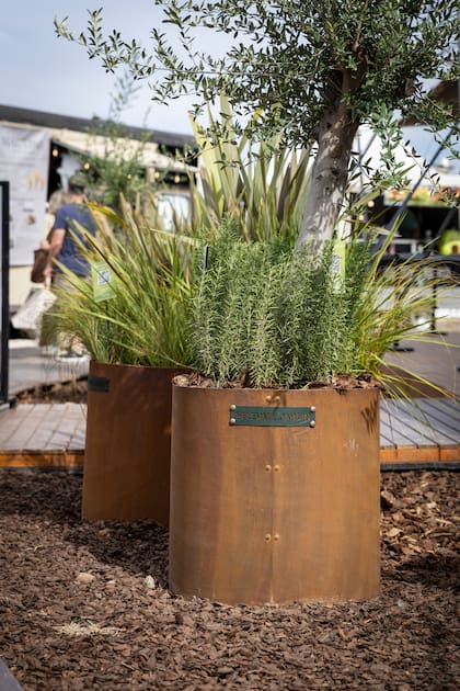 Los macetones de Elevate en el patio de comidas de Experiencia Living Remeros Beach.