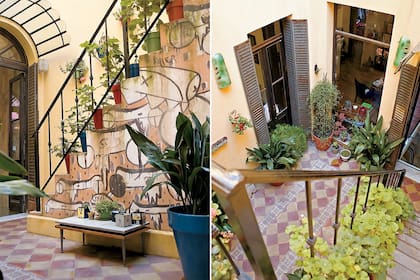 Los malvones que acompañan los escalones ylas plantas con hojas inmensas aportan naturaleza a este patio antiguo cuyo detalle principal es el mural, que lo vuelve descontracturado y juvenil