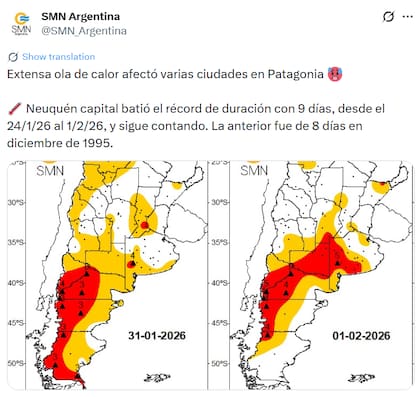 Los mapas del organismo oficial muestran la extensión de la masa de aire cálido sobre la Patagonia y el centro del país (X:@SMN_Argentina)