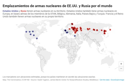 Los marcadores son ubicaciones estimadas, porque los países mantienen en secreto las ubicaciones exactas
