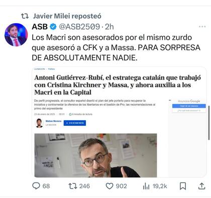 Los mensajes contra Antoni Gutiérrez-Rubi que compartió Milei