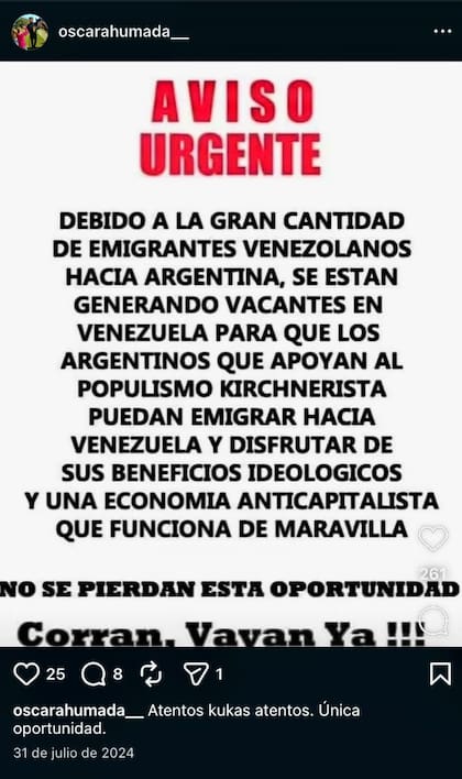 Los mensajes de Ahumada contra el kirchnerismo en su cuenta de la red social Instagram