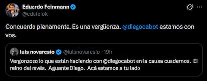 Los mensajes de Eduardo Feinmann y Luis Novaresio en solidaridad con Diego Cabot