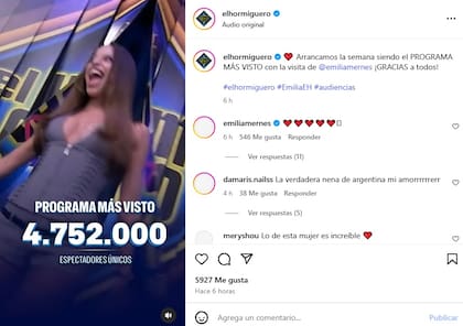 Los mensajes de elogio que recibió Emilia Mernes tras su participación en El Hormiguero