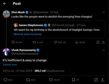 Los mensajes de Musk y Ramaswamy sobre el cambio de horario en EE.UU.