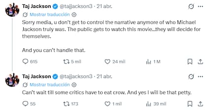 Los mensajes de Taj Jackson, uno de los sobrinos de Michael, respondió a quienes criticaron la película (Foto: X)