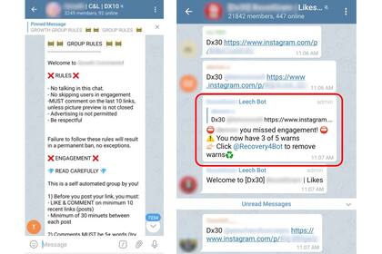 Los mensajes en Telegram que coordinan los mensajes para Instagram