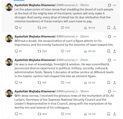 Los mensajes publicados por el nuevo ayatollah en su cuenta de X