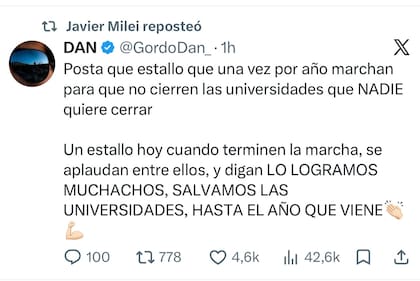 Los mensajes que compartió Milei sobre la cuarta marcha de las universidades