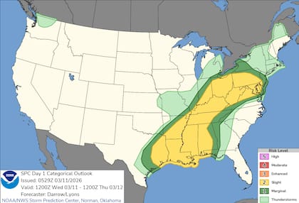 Los meteorólogos identificaron dos núcleos críticos de inestabilidad: el primero en el sur profundo (Texas hasta Alabama), y el segundo en el valle de Ohio (Pittsburgh hasta Washington D.C.)
