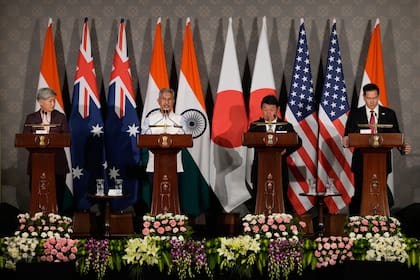 Los ministros de Asuntos Exteriores de Australia, la India y Japón, y el secretario de Estado de Estados Unidos, Marco Rubio, en una reunión ministerial del Quad en Hyderabad House, en Nueva Delhi