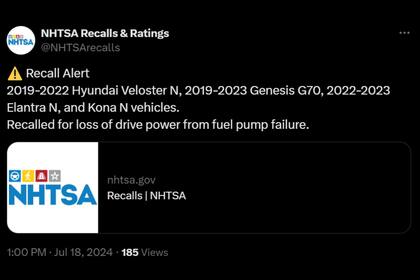 Los modelos Génesis G70 y Hyundai Elantra N, Kona N y Veloster N fueron retirados del mercado por problemas con la bomba de combustible