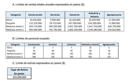 Los montos máximos se dividen las categorías Comercio, Industria y Minería, Construcción, Servicios y Agro.