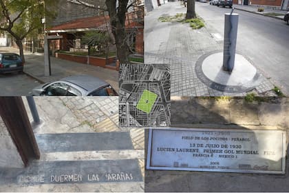 Los monumentos que recuerdan la ubicación del centro del campo del estadio de Pocitos, y del arco donde Laurent marcó el primer gol de la historia de los Mundiales; en el medio, el esquema de la cancha sobre un plano actual del barrio