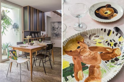 Los muebles de cocina fueron diseñados por Vale y su ex pareja. Sobre la mesa, algunas cerámicas utilitarias moldeladas y pintadas por ella.