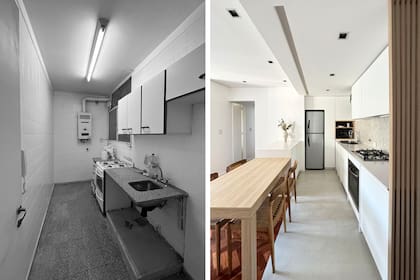 Los muebles de MDF (Arquitectura Prado + Bacigaluppi Cerban) aprovechan la cabecera del ambiente, donde ubicaron la heladera, el termotanque (oculto) y un escobero. Junto al horno instalaron el lavarropas. En el ingreso, panel varillado de MDF 'Camellia' (Faplac).