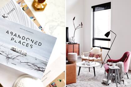 Los muebles vintage se complementan con piezas contemporáneas como el sillón de pana rosa (Article) y la lámpara de pie.