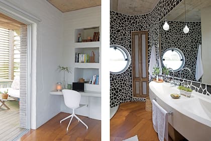 Los nichos de obra le dan lugar a un pequeño escritorio con silla de BoConcept.