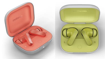 Los nuevos Moto Buds en su estuche; estos auriculares tipo TWS tienen cancelación de sonido y triple micrófono para reducir el ruido ambiente