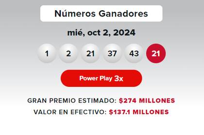 Los números ganadores del Powerball del miércoles 2 de octubre.