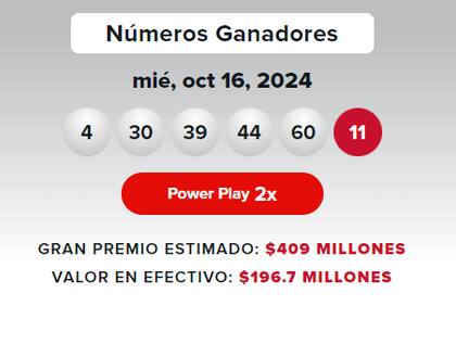 Los números ganadores del sorteo de powerball.