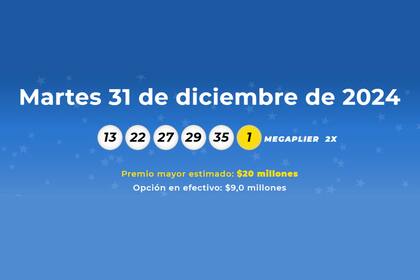Los números ganadores del sorteo de Mega Millions del 31 de diciembre fueron 13, 22, 27, 29, 35 y la Mega Ball 1 (Mega Millions)