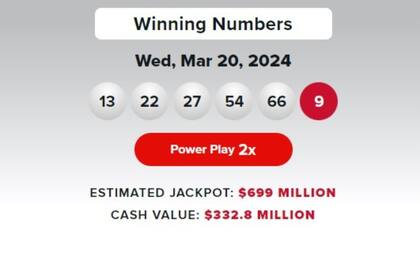 Los números ganadores del sorteo de Powerball del 20 de marzo de 2024