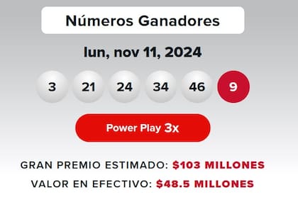 Los números ganadores del sorteo Powerball del lunes 11 de noviembre.