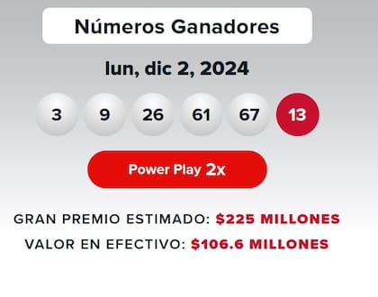 Los números ganadores del sorteo Powerball del lunes 2 de diciembre.
