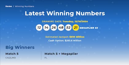 Los números sorteados del Mega Millions del 10 de diciembre de 2024 fueron: 12, 14, 26, 48, 52 (bolas blancas) y 21 (Mega Ball dorada)