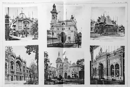 Los pabellones de Chile, Brasil, Nicaragua, Argentina y Venezuela (y la Porte de la Ceramique), en París. 1889.