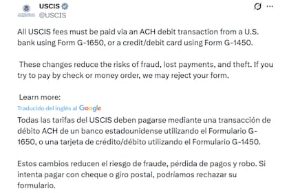 Los pagos al Uscis se deben hacer mediante el sistema de débito ACH o tarjeras