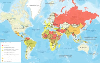 Los países que aparecen en rojo tienen el máximo nivel de advertencia de seguridad por parte del Departamento de Estado de EE.UU.
