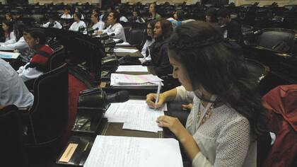 Los parlamentarios juveniles en la sesión plenaria de comisiones por la ley contra el bullying en el Congreso Nacional