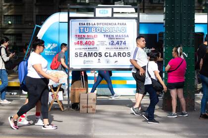 Los pasajeros de tren se encuentran en Retiro con carteles que reflejan las supuestas tarifas que pagarían si Milei llega a la presidencia