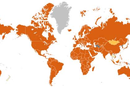 Los países en naranja son los considerados riesgosos según el CDC de Estados Unidos