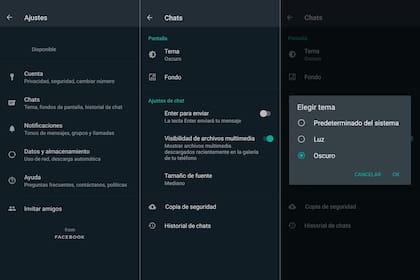 Los pasos para ir al modo oscuro en Android: en Ajustes ir a Chats, luego a Tema, y ahí elegir la opción