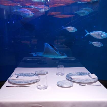 Los peces pasan junto a las mesas del Restaurante Submarino.