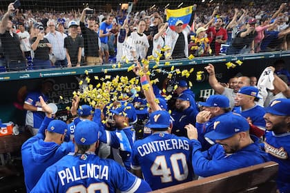 Los peloteros de Venezuela festejan en la cueva su victoria sobre Japón en el Clásico Mundial de béisbol, el sábado 14 de marzo de 2026 (AP Foto/Lynne Sladky)