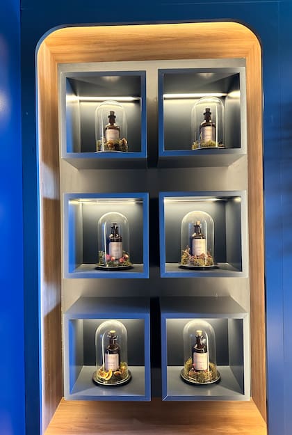 Los pequeños frascos que pertenecieron a su padre, patólogo de profesión, hoy resignificados con esencias especiales.