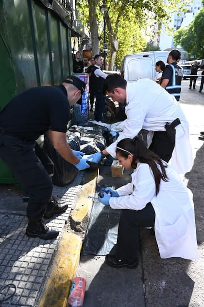Los peritos trabajan sobre las bolsas con alimentos impregnados con cocaína