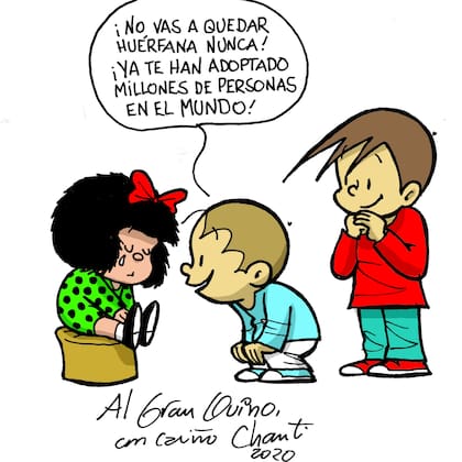 Los personajes de Mayor y Menor, la tira de Chanti, consuelan a Mafalda por la muerte de su creador