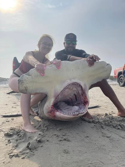Los pescadores y su familia se tomaron varias fotografías con el gran tiburón martillo