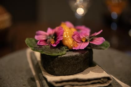 Los platos de piedra están hechos por un artesano que los diseña especialmente y contienen formas, consistencias y sabores curiosos.