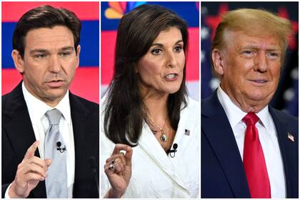 Los precandidatos por el Partido Republicano, el gobernador de Florida, Ron DeSantis; la exgobernadora por Carolina del Sur, Nikki Haley, y el expresidente Donald Trump
