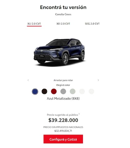 Los precios de Toyota con y sin impuestos nacionales