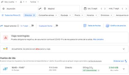 Los precios de vuelos de Asunción a Madrid (Foto: Captura Google Flight)