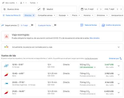 Los precios de vuelos de Buenos Aires a Madrid (Foto: Captura Google Flight)