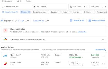 Los precios de vuelos de Montevideo a Madrid (Foto: Captura Google Flight)