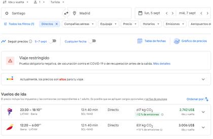 Los precios de vuelos de Santiago a Madrid (Foto: Captura Google Flight)